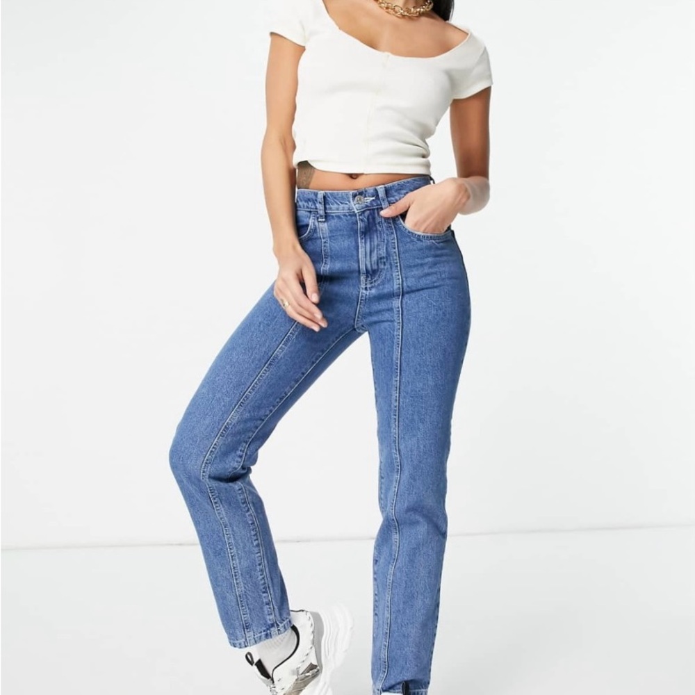 ASOS ASYOU Slim Mom Jeans with Seam Detail in Mid Blue